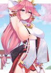  1girl arm_up armpits blue_sky blush breasts cherry_blossoms detached_sleeves dura genshin_impact hair_between_eyes hair_ornament half-closed_eyes highres japanese_clothes large_breasts long_sleeves miko no_bra pink_hair purple_eyes sky sleeveless solo yae_miko 