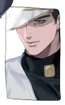  1boy black_hair blue_eyes coat hat hat_over_one_eye jojo_no_kimyou_na_bouken kujo_jotaro male_focus nitako solo turtleneck white_coat 