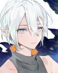  1boy androgynous blue_eyes collared_shirt elf kuzuvine looking_at_viewer lord_of_heroes mikhail_blake mole mole_under_eye pale_skin pointy_ears shirt sleeveless white_hair 