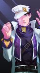  1boy against_glass aqua_eyes black_hair coat diamond_wa_kudakenai earrings hat hat_over_one_eye highres jewelry jojo_no_kimyou_na_bouken knocking kujo_jotaro less_end long_coat male_focus shoulder_belt solo turtleneck vest white_coat 