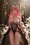  1girl absurdres bangs bare_arms bare_shoulders blurry blurry_background blush breasts cleavage closed_eyes closed_mouth crown eyebrows_visible_through_hair facing_viewer highres large_breasts long_hair red_hair smile solo standing strapless yearu_(weid) 