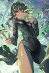  1girl bangs black_dress blush breasts closed_mouth commentary_request cowboy_shot curly_hair debris dress flipped_hair from_below green_hair hand_up highres long_sleeves looking_at_viewer one-punch_man revision rock short_hair side_slit small_breasts smile solo standing tatsumaki torriet 