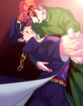  2boys black_hair blood blood_in_mouth blood_on_clothes blood_on_face chain dancing earrings gakuran green_eyes hat interlocked_fingers jewelry jojo_no_kimyou_na_bouken kakyoin_noriaki kujo_jotaro less_end long_coat male_focus multiple_boys red_hair school_uniform stardust_crusaders 