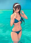  1girl bangs bikini bikini_pull black_legwear blue_bikini breasts cleavage clothes_pull collarbone glasses green_eyes hair_between_eyes hand_on_own_chest highres kantai_collection long_hair navel ocean ooyodo_(kancolle) parted_lips partially_submerged pulled_by_self semi-rimless_eyewear sky small_breasts solo swimsuit yuuji_(and) 