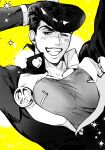  1boy diamond_wa_kudakenai gakuran grin halftone higashikata_josuke highres jojo_no_kimyou_na_bouken large_pectorals male_focus monochrome nitako one_eye_closed peace_symbol pectorals pompadour school_uniform smile solo sparkle 