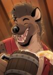  2021 alcohol anthro beverage black_eyebrows black_nose brown_body brown_fur brown_hair clothed clothing eyebrows eyes_closed fur gnoll hair hi_res humanoid_hands hyaenid ixkouu laugh male mammal open_mouth red_clothing solo spots spotted_body spotted_fur 