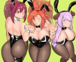  3girls animal_ears ass back baiken bangs bare_shoulders black_footwear blowing_kiss blue_eyes bow bowtie breasts butt_crack collar covered_navel covered_nipples crossed_legs draph facial_mark fake_animal_ears granblue_fantasy granblue_fantasy_versus green_background guilty_gear hair_between_eyes hair_over_one_eye high_heels highres horns large_breasts leggings long_hair multiple_girls narmaya_(granblue_fantasy) one_eye_closed playboy_bunny ponytail purple_hair rabbit_ears red_eyes red_hair scar scar_across_eye scar_on_face simple_background slit_pupils smile suwaiya thighhighs tied_hair under_night_in-birth white_collar wrist_cuffs yuzuriha_(under_night_in-birth) 