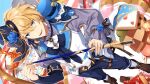 1boy blonde_hair blue_eyes epee fencing hat highres holding holding_weapon holostars kishido_temma looking_at_viewer male_focus mini_hat mini_top_hat pale_skin pink_no_babu solo sword top_hat weapon 
