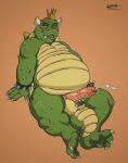  2022 3_toes 4_fingers anthro belly big_belly bodily_fluids bracelet chubby_anthro chubby_male crown cum ejaculating_cum ejaculation fangs feet fingers genital_fluids genitals half-closed_eyes hand_on_penis hi_res horn jewelry kaiipwilde_(artist) king_koopa leaning leaning_back looking_down lying male masturbation narrowed_eyes on_back open_mouth overweight overweight_anthro overweight_male penis scalie shell slightly_chubby solo spiked_bracelet spiked_shell spikes spikes_(anatomy) toes tongue wristband 