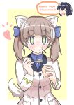  +_+ 1girl :3 :o absurdres animal_ear_fluff animal_ears blue_eyes blue_ribbon blue_shirt blush border brave_witches breasts brown_hair cat_ears character_request cowboy_shot dog_tail eating english_text eyebrows_visible_through_hair food_request georgette_lemare heart highres jacket looking_at_viewer medium_breasts outside_border ribbon shirt short_twintails solo strike_witches tail twintails uniform white_border white_jacket world_witches_series yama_dango yellow_background yellow_border 