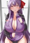  1girl bangs bb_(fate) bb_(fate/extra) black_buruma blush breasts buruma cleavage collarbone fate/extra fate/extra_ccc fate_(series) hair_ribbon half-closed_eyes highres jacket large_breasts long_hair long_sleeves looking_at_viewer open_mouth purple_eyes purple_hair purple_jacket red_ribbon ribbon solo sweat uo_denim very_long_hair zipper 