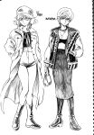  2boys 302 androgynous ankle_boots bag boots choker crossover flower graphite_(medium) greyscale hat hat_flower highres holding holding_bag hunter_x_hunter jacket jewelry knee_boots kurapika lio_fotia long_coat long_skirt male_focus monochrome multiple_boys necklace otoko_no_ko promare short_hair_with_long_locks short_shorts shorts skirt traditional_media 