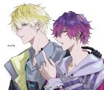  2boys blonde_hair blue_eyes long_fingers looking_at_viewer mole mole_on_neck multiple_boys nail_polish nijisanji nijisanji_en pale_skin pointing purple_eyes purple_hair sonny_brisko suga_sugaso uki_violeta 