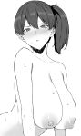  1girl absurdres bangs blush breasts cleavage collarbone disgust eyebrows_visible_through_hair greyscale hair_between_eyes hanging_breasts highres huge_breasts kaga_(kancolle) kantai_collection looking_at_viewer monochrome nipples nude open_mouth side_ponytail simple_background solo sweat takaman_(gaffe) upper_body white_background 