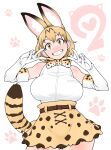  1girl animal_ears blush booth_tomato breasts brown_eyes brown_skirt double_v elbow_gloves eyebrows_visible_through_hair gloves grin highres kemono_friends large_breasts looking_at_viewer orange_hair parted_lips serval_(kemono_friends) serval_print short_hair skirt smile solo tail teeth v white_gloves 