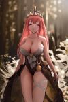  1girl absurdres bangs bare_arms breasts cleavage closed_eyes crown highres large_breasts long_hair red_hair smile solo standing strapless yearu_(weid) 