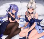  2girls ayul_(ayulneri_92) bangs bare_shoulders black_dress blue_dress blush breasts brown_legwear cleavage detached_collar dress genshin_impact grin hair_cones hair_ornament highres keqing_(genshin_impact) keqing_(opulent_splendor)_(genshin_impact) large_breasts long_hair looking_at_viewer lying multiple_girls ningguang_(genshin_impact) ningguang_(orchid&#039;s_evening_gown)_(genshin_impact) on_side open_mouth pantyhose parted_bangs ponytail purple_eyes purple_hair red_eyes sidelocks smile tassel thighband_pantyhose thighs twintails white_hair 