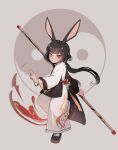  1girl animal_ears bracelet brown_hair dongbaegsi gold_bracelet grey_eyes heterochromia highres japanese_clothes jewelry long_hair looking_at_viewer lord_of_heroes mei_ling_qiao pale_skin polearm rabbit_ears rabbit_girl red_eyes solo traditional_clothes weapon 