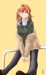  1girl absurdres brown_footwear end_syuuuu green_hoodie hair_between_eyes headphones highres hood hoodie leaning_forward loafers looking_at_viewer love_live! love_live!_superstar!! medium_hair orange_hair purple_eyes shibuya_kanon shoes smile solo tan_sweater v_arms yellow_background 