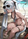  1girl absurdres bikini black_bikini black_gloves blue_archive breasts gloves grey_hair halo highres iori_(blue_archive) long_hair pointy_ears side-tie_bikini sitting small_breasts solo swimsuit tail thigh_strap twintails very_long_hair yoshio_(55level) 