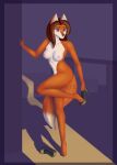  absurd_res anthro breasts brown_hair clothing dark detailed_background evgheshkafx female hair hi_res high_heels looking_aside margarita_(evgheshkafx) nipples nude purple_eyes slim solo surprised_expression underwear 