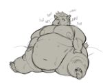  absurd_res anthro bodily_fluids breath canid canine devin_(kyrosh) ear_piercing english_text hi_res kyrosh male mammal nipples obese obese_male overweight overweight_male panting piercing sitting solo sound_effects sweat text 
