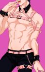 1boy black_hair bondage_outfit chest_harness detached_collar harness head_out_of_frame jojo_no_kimyou_na_bouken kujo_jotaro leg_belt less_end licking licking_finger male_focus muscular muscular_male nipples solo stardust_crusaders topless_male underpec wrist_cuffs 