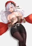  1girl absurdres aran_sweater azur_lane bangs bare_shoulders belfast_(azur_lane) belfast_(shopping_with_the_head_maid)_(azur_lane) beret black_bow black_choker black_legwear black_skirt blue_eyes bow breasts brown_sweater choker cleavage commentary_request earrings feet_out_of_frame grey_background grin hair_bow hat highres hoop_earrings jewelry large_breasts long_hair long_sleeves looking_at_viewer miniskirt mippei nail_polish off-shoulder_sweater off_shoulder official_alternate_costume pencil_skirt red_headwear red_nails shawl silver_hair simple_background skirt smile solo sweater thighs 