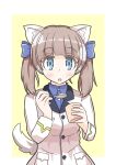  1girl :o absurdres animal_ear_fluff animal_ears blue_eyes blue_ribbon blue_shirt blush border brave_witches breasts brown_hair cat_ears cowboy_shot dog_tail eating eyebrows_visible_through_hair food_request georgette_lemare highres jacket looking_at_viewer medium_breasts outside_border ribbon shirt short_twintails solo strike_witches tail twintails uniform white_border white_jacket world_witches_series yama_dango yellow_background yellow_border 