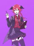  1girl 3di_project bangs black_nails braid choker coat collared_shirt feathered_wings fingernails highres miniskirt necktie open_mouth purple_eyes red_hair rigu_(3di) rigu_(3di)_(character) shirt sidelocks skirt skull solo upper_body wings 