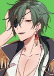  1boy 3di_project bangs black_eyepatch collarbone collared_shirt earrings eyepatch fang feather_earrings feathers green_background green_hair highres jewelry jortun_leventor long_hair male_focus open_mouth pirate pirate_costume red_eyes rigu_(3di) shirt solo virtual_youtuber 