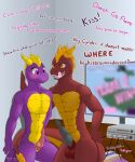  5:6 activision anthro bet blush cornered dialogue dragon duo embarrassed english_text flame_(spyro) genitals hi_res kaspersa knot licking licking_lips male male/male penis penis_size_comparison penis_size_difference spyro spyro_the_dragon tail_around_waist text tongue tongue_out video_games 