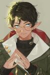  1boy al_rashad androgynous blue_eyes brown_hair dark-skinned_male dark_skin earrings elf glasses hoeeee_s2 jewelry looking_to_the_side lord_of_heroes male_focus pale_skin pointy_ears ring solo stud_earrings 