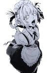  1girl alternate_costume apron black_skirt fangs from_above greyscale hair_rings highres maid maid_apron maid_headdress monochrome nanakusa_nazuna_(yofukashi_no_uta) nanase_miri open_mouth skirt tongue tongue_out yofukashi_no_uta 