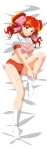  1girl adjusting_clothes adjusting_legwear asahina_yurina blush bra buruma clothes_lift dakimakura_(medium) full_body green_eyes gym_shirt gym_uniform hair_ribbon highres long_hair looking_at_viewer non-web_source open_mouth photoshop_(medium) pink_bra red_buruma red_hair ribbon shirt shirt_lift solo super_real_mahjong sweat tanaka_ryou twintails underwear white_legwear 