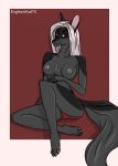  2020 anthro black_body black_fur breasts canid canine canis clothed clothing evgheshkafx female fur hair hi_res long_hair looking_at_viewer mammal nipples partially_clothed sitting solo white_hair wolf 