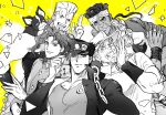  5boys adjusting_clothes adjusting_headwear beard boston_terrier chain confetti dark-skinned_male dark_skin eyelashes facial_hair facial_mark gakuran gloves hat headband iggy_(jojo) jean_pierre_polnareff jewelry jojo_no_kimyou_na_bouken joseph_joestar joseph_joestar_(old) kakyoin_noriaki kujo_jotaro mohammed_avdol monochrome multiple_boys necklace nitako old old_man ponytail salute school_uniform sparkle stardust_crusaders two-finger_salute 