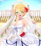  1girl alternate_costume bangs blonde_hair blue-framed_eyewear blunt_bangs breasts bridal_veil commission detached_sleeves dress glasses green_eyes highres kantai_collection large_breasts long_hair northampton_(kancolle) oriharaizaya819 outdoors semi-rimless_eyewear skeb_commission solo strapless strapless_dress veil wedding_dress white_dress white_sleeves 