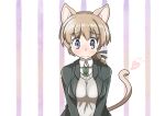  1girl animal_ears blue_eyes blush braid breasts cat_ears cat_tail green_necktie green_ribbon grey_jacket heart highres jacket long_braid looking_at_viewer lynette_bishop medium_breasts necktie ribbon solo strike_witches striped striped_background tail tan_sweater v_arms vertical_stripes world_witches_series yama_dango 