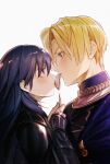  1boy 1girl bangs blonde_hair blue_eyes blue_hair blush byleth_(fire_emblem) byleth_(fire_emblem)_(female) dimitri_alexandre_blaiddyd eye_contact fire_emblem fire_emblem:_three_houses from_side garreg_mach_monastery_uniform hair_between_eyes height_difference hetero highres holding holding_spoon long_hair looking_at_another profile puckered_lips simple_background sparkle spoon sumirou-kun upper_body white_background 