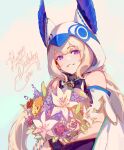  1girl 3four bare_shoulders blonde_hair blue_nails bouquet clothing_cutout commentary english_commentary enna_alouette flower happy_birthday head_wings highres holding holding_bouquet hood hood_up long_hair looking_at_viewer nail_polish nijisanji nijisanji_en parted_lips purple_eyes purple_flower purple_wings red_flower red_rose rose shoulder_cutout simple_background smile solo virtual_youtuber white_background white_flower white_rose wings 