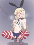  1boy bar_censor black_hairband black_neckerchief black_panties blonde_hair blue_skirt censored covered_testicles crop_top crossdressing elbow_gloves genderswap genderswap_(ftm) gloves grey_eyes hairband highleg highleg_panties highres kantai_collection leash long_hair male_focus microskirt navel neckerchief otoko_no_ko panties penis pleated_skirt rudder_footwear sailor_collar shimakaze-kun shimakaze_(kancolle) skirt solo spread_legs squatting striped striped_legwear thighhighs thong underwear white_gloves yotubeya 