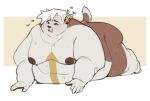  anthro bodily_fluids breath canid canine devin_(kyrosh) ear_piercing english_text kyrosh looking_up lying male mammal moobs nipples obese on_front overweight panting piercing raised_tail red_face solo sound_effects sweat text 