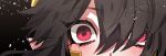  1boy androgynous black_hair koyashaka looking_at_viewer lord_of_heroes male_focus marking_on_cheek nine_(lord_of_heroes) otoko_no_ko pale_skin pink_eyes pointy_ears wide-eyed zooming_in 