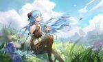  1girl ahoge bangs bare_shoulders bell black_legwear blue_hair blue_sky bow breasts cloud curled_horns detached_sleeves field flower flower_field ganyu_(genshin_impact) genshin_impact gold_trim grass highres holding holding_flower horns knee_up landscape leaf liquify666 long_hair looking_to_the_side low_ponytail medium_breasts neck_bell no_gloves outdoors parted_lips petals purple_eyes qingxin_flower sidelocks sitting sky smile solo thighlet very_long_hair white_flower white_sleeves 