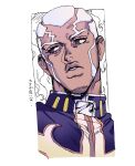  1boy dark-skinned_male dark_skin enrico_pucci eyelashes jojo_no_kimyou_na_bouken male_focus nitako portrait priest purple_eyes solo white_hair 