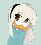  1girl alternate_costume bird brown_eyes closed_mouth della_duck duck ducktales english_commentary fawnmoth furry furry_female green_background headband long_sleeves looking_up medium_hair simple_background smile solo sweater upper_body 