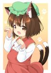  1girl :3 :d animal_ear_fluff animal_ears bangs beige_background blush border bow bowtie brown_eyes brown_hair cat_day cat_ears cat_tail chen eyebrows_visible_through_hair fang flat_chest gold_trim green_headwear hands_up hat highres long_sleeves looking_ahead mob_cap multiple_tails nekomata open_mouth outside_border paw_pose paw_print paw_print_background pila-pela red_skirt red_vest shirt short_hair simple_background skirt smile solo tail touhou two_tails upper_body vest white_border white_bow white_bowtie white_shirt 