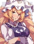  1girl animal_ears blonde_hair blush border breasts eyebrows_visible_through_hair fox_ears fox_tail gokuu_(acoloredpencil) hair_between_eyes hat highres large_breasts long_sleeves multiple_tails open_mouth pillow_hat short_hair solo tabard tail touhou upper_body white_border white_headwear wide_sleeves yakumo_ran yellow_eyes 