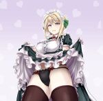 1girl absurdres apron black_legwear black_panties blonde_hair blush braid braided_bun breasts buttons closed_mouth clothes_lift dress dress_lift gloves gradient gradient_background green_dress heart heart_background highres kantai_collection large_breasts lifted_by_self maid_headdress panties perth_(kancolle) puffy_short_sleeves puffy_sleeves purple_eyes short_hair short_sleeves solo thighhighs tk8d32 underwear waist_apron white_apron white_gloves 